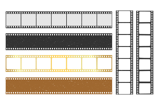 Set of vector retro 35mm foto and movie film strips. Realistic old celluloid frames of cinema film strip. Collection of blank cinema film strip frames with transparency and color effect for design