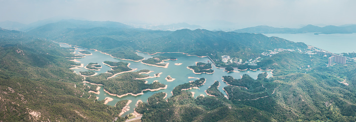 Beautiful aerial view of the Tai Lam Chung Reservoir, Autumn, daytime, panorama