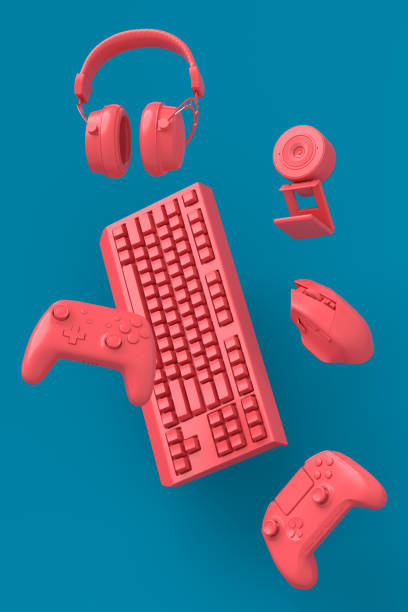 istock Flying gamer gears like mouse, keyboard, joystick, headset, VR, microphone 1342012967