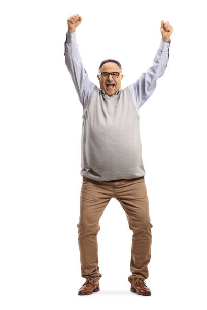 Full length portrait of a happy mature man lifting arms up Full length portrait of a happy mature man lifting arms up isolated on white background chubby arab stock pictures, royalty-free photos & images