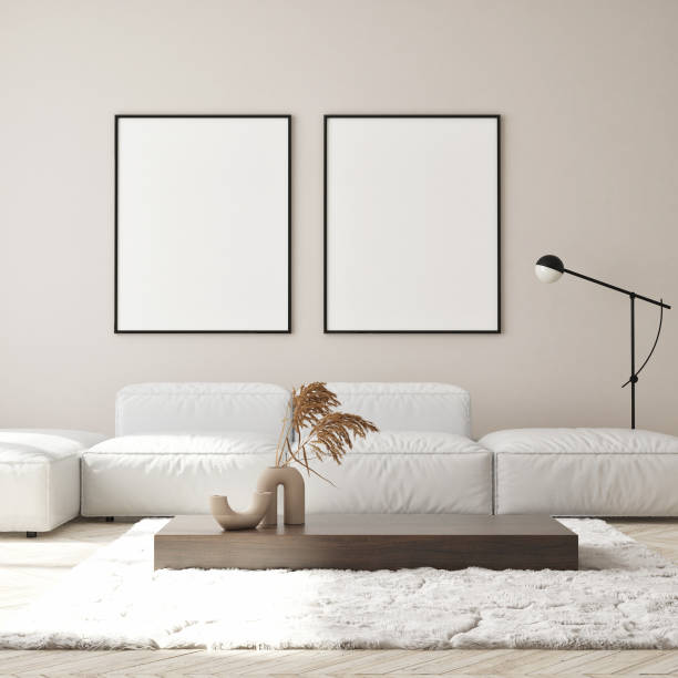 istock mock up poster frame in modern interior background, scandinavian style, 3D render 1342017251