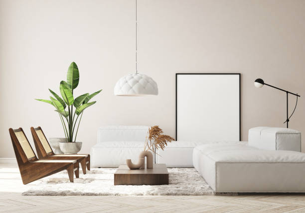 istock mock up poster frame in modern interior background, scandinavian style, 3D render 1342017288