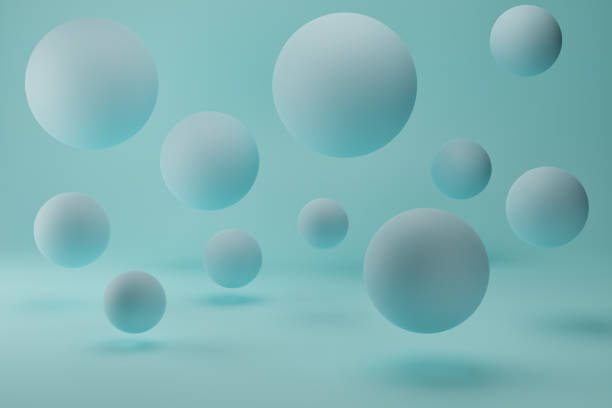 istock Realistic 3d render with blue flying bubbles spheres on pastel background 1342018864