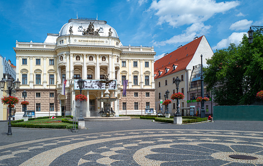 Bratislava, Slovakia - July 8, 2019: View of the Slovak National theatre in the old town