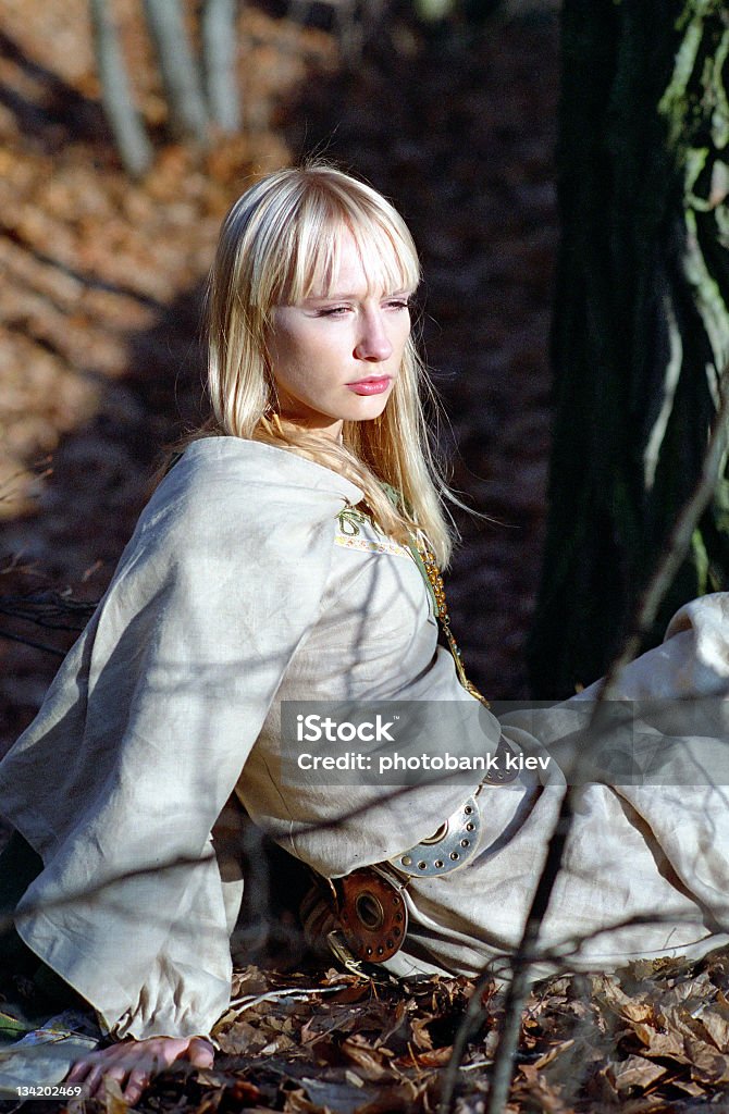 Wunderschöne mittelalterliche Frau sitzt im Wald - Lizenzfrei Altertümlich Stock-Foto