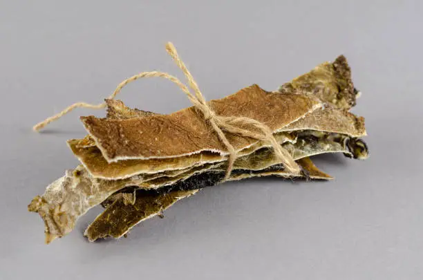 Photo of Dog treats tied with twine on a gray background. Dried plates of