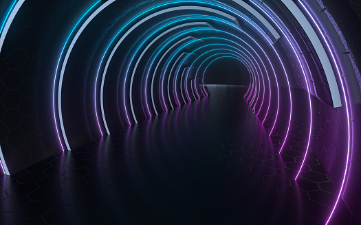 Dark tunnel with neon glowing lines, 3d rendering. Computer digital drawing.