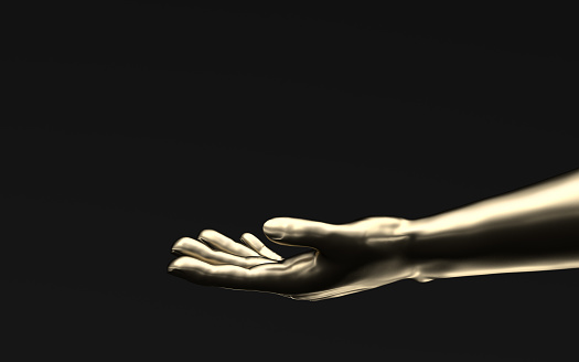 Hand sculpture with black background, 3d rendering. Computer digital drawing.