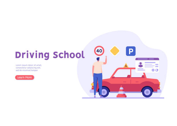 Man learning to drive a car on driver course. Auto school test. Concept of driving school, driver’s license, driving exam or practice. Vector illustration in flat design for web banner, mobile app Man learning to drive a car on driver course. Auto school test. Concept of driving school, driver’s license, driving exam or practice. Vector illustration in flat design for web banner, mobile app learn to drive stock illustrations