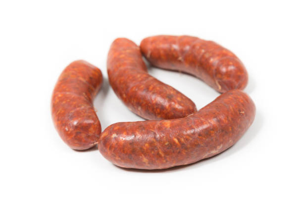 istock Four crude chorizo red sausages on a white background 1342032479