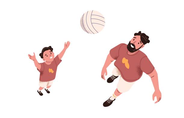 ilustraciones, imágenes clip art, dibujos animados e iconos de stock de padre jugando con el hijo. feliz papá e hijo lanzando pelota juntos. papá activo y niño niño durante la actividad de ocio al aire libre de unión. ilustración vectorial plana aislada sobre fondo blanco - mirar-hacia-arriba