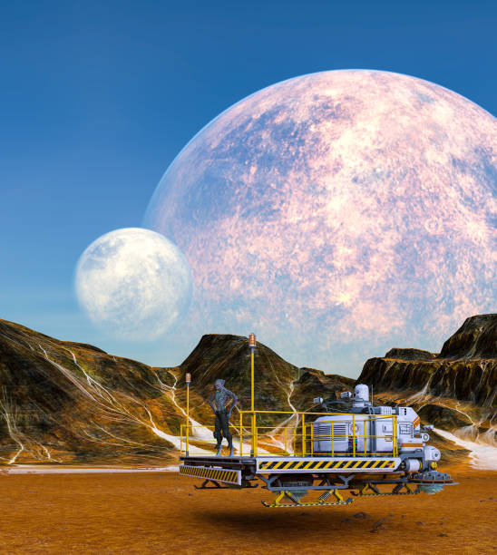 istock Illustration of an extraterrestrial standing on a mining platform with a planet and moon rising in the background. 1342037431