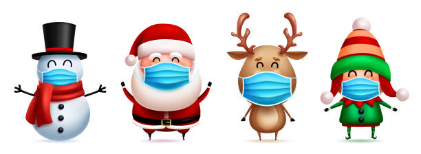 istock Christmas characters in facemask vector set. Santa claus, elf, snowman and reindeer 3d friendly characters wearing mask for xmas covid-19 safety design. 1342037609