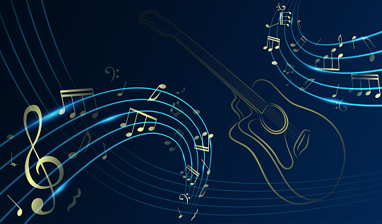 Abstract musical background. Gold music notes and treble clef on line wave of sound tune. Flowing shiny musical waves with notes and silhouette guitar. Design elements for template of music festival