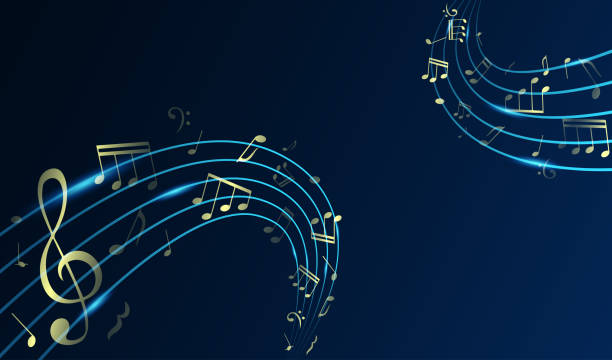 ilustrações de stock, clip art, desenhos animados e ícones de flowing shiny musical waves with notes. abstract musical background with place for text. gold music notes and treble clef on line wave of sound tune. vector illustration template for music festival. - musical note treble clef music sheet music