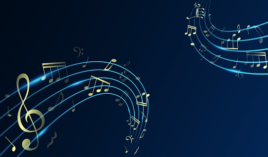 Flowing shiny musical waves with notes. Abstract musical background with place for text. Gold music notes and treble clef on line wave of sound tune. Vector illustration template for music festival.