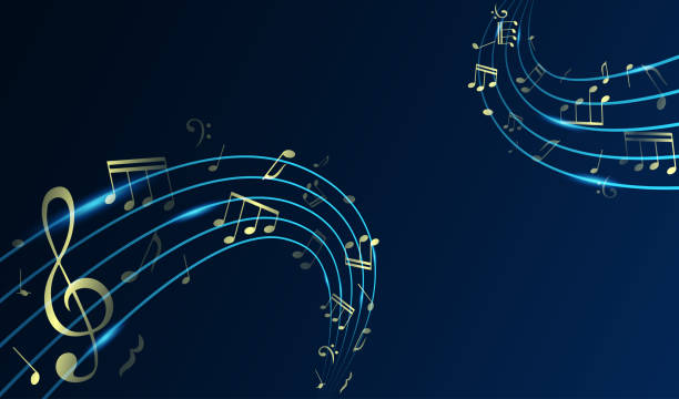 Flowing shiny musical waves with notes. Abstract musical background with place for text. Gold music notes and treble clef on line wave of sound tune. Vector illustration template for music festival. Flowing shiny musical waves with notes on stylish background. Abstract musical background. Gold music notes and treble clef on line wave of sound tune. Vector illustration template for music festival music staff stock illustrations