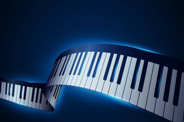 Realistic piano keys in isometric style. Abstract blue musical background. 3D piano keyboard. Musical instrument keyboard. Vector design element for template of music festival or banner, poster, flyer Realistic piano keys in isometric style. Abstract blue musical background. 3D piano keyboard. Musical instrument keyboard. Vector design element for template of music festival, banner, poster, flyer piano key stock illustrations