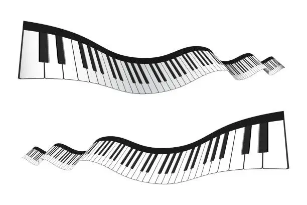 Vector illustration of Set of 3D piano keyboard in perspective or isometric style. Realistic piano keys in different angles of view. Musical instrument keyboard for decorative design elements. Template for music festival.