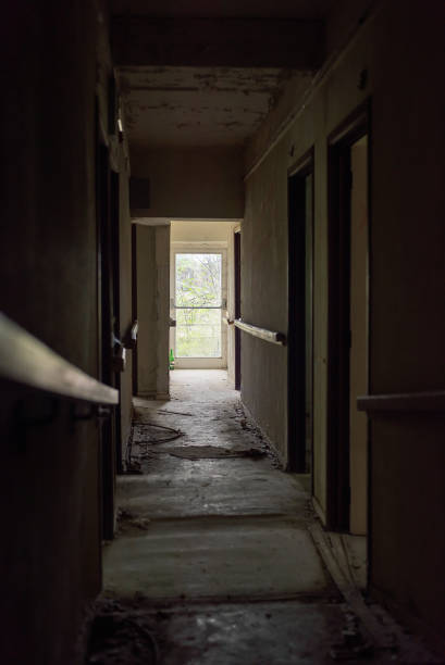 istock Dilapidated dirty hallway in an abandoned care home. 1342045876