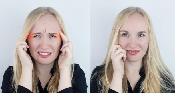 istock Before and after. On the left, the woman indicates a headache, and on the right indicates that the head no longer hurts. Concept of medical care in the treatment of migraine and high blood pressure 1342045988
