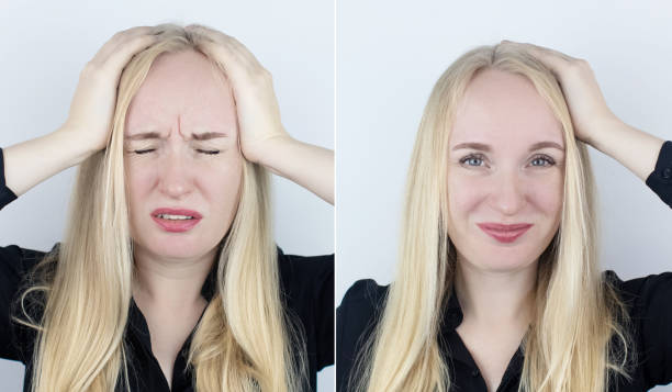 Before and after. On the left, the woman indicates a headache, and on the right indicates that the head no longer hurts. Concept of medical care in the treatment of migraine and high blood pressure