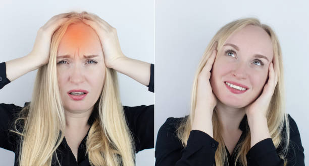 istock Before and after. On the left, the woman indicates a headache, and on the right indicates that the head no longer hurts. Concept of medical care in the treatment of migraine and high blood pressure 1342046008