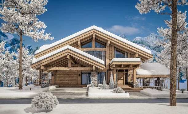 istock 3d rendering of modern cozy chalet in winter day 1342047607