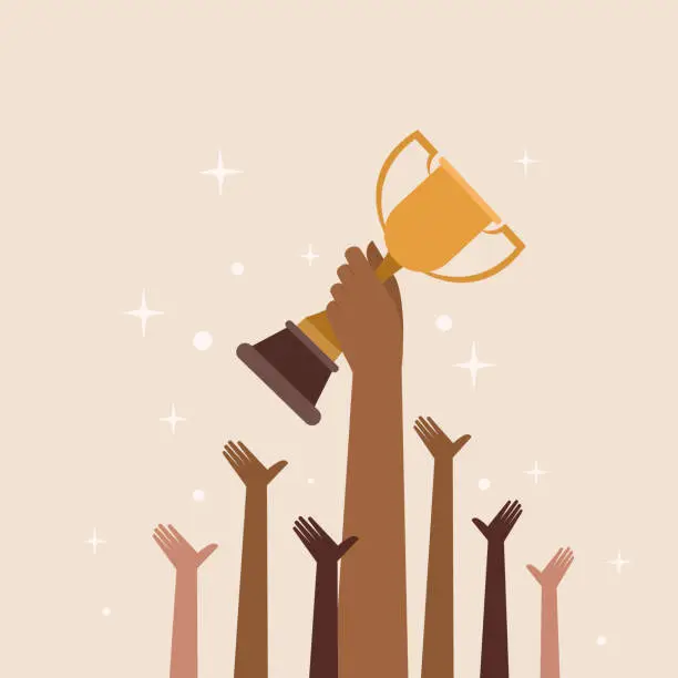 Vector illustration of Hand holding a trophy cheered by others