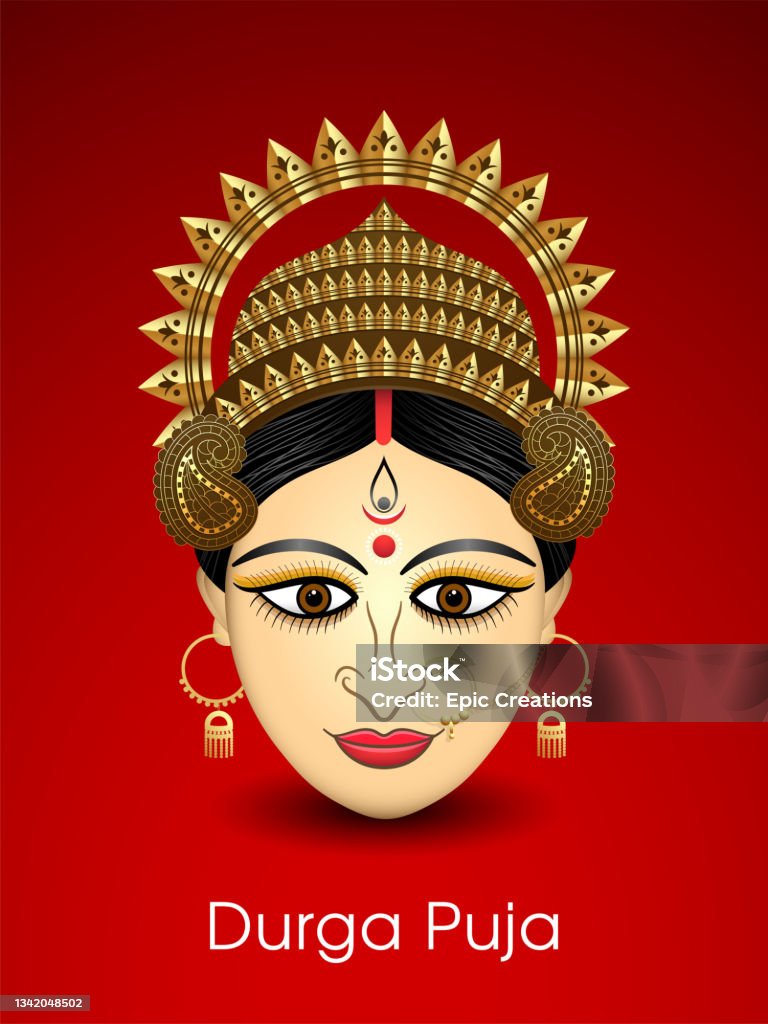 Durga Puja Greeting Card With Beautiful Durga Mata Face Stock Illustration  - Download Image Now - iStock