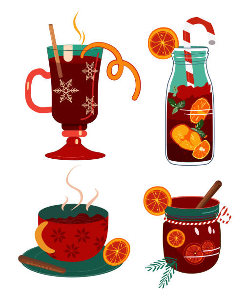 ilustraciones, imágenes clip art, dibujos animados e iconos de stock de vino tinto caliente en juego en diferentes copas especiales, frasco con tubo despojado. - mulled wine punch cocktail christmas