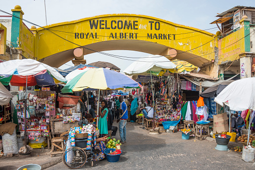 Banjul, The Gambia - may 09, 2017: Main entrance to the Albert Market in the urban center of the city