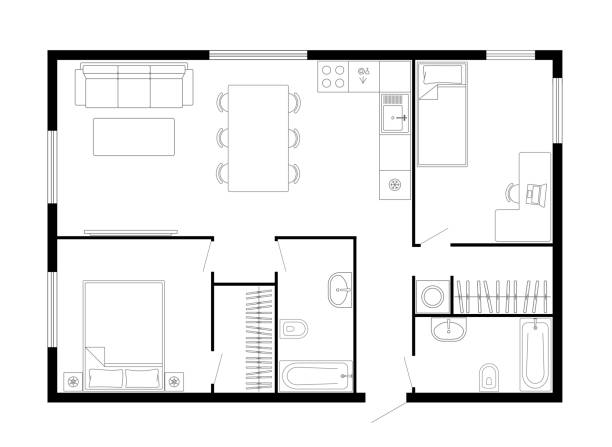 Two bedroom apartment floor plan. Apartment floor plan. Two bedroom apartment. Vector architecture plan of condominium, flat, house. Interior design elements kitchen, bedroom, bathroom furniture. 2D 2 bedroom apartment floor plan. floor plan stock illustrations