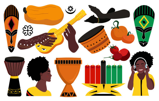 ilustraciones, imágenes clip art, dibujos animados e iconos de stock de kwanzaa objetos, símbolos e ideas establecidas. - african descent african culture drum history