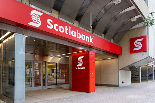 Toronto, Canada - September 11, 2021: Scotiabank head office in Toronto. Scotiabank is a Canadian multinational banking and financial services company.