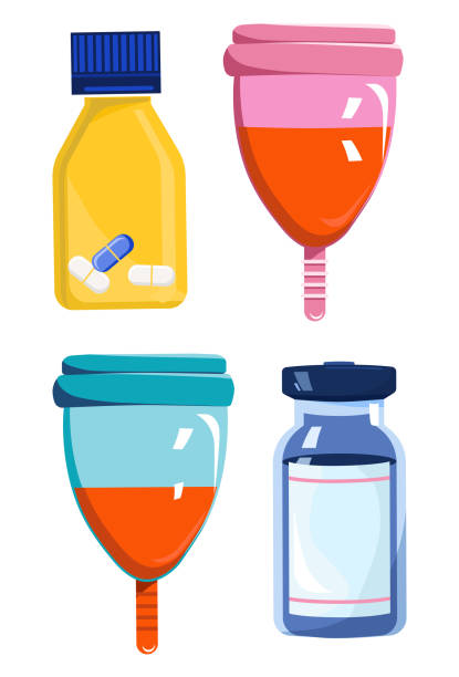 Silicone menstrual cups and vitamins for women. Colourful reusable items for female hygiene. Pills and tablets, medicine capsules.Set of periods products.Isolated vector items. bathroom silicone stock illustrations