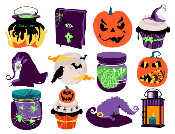 векторный набор на хэллоуин с символами традиции. - kitchen utensil gourd pumpkin magical equipment stock illustrations