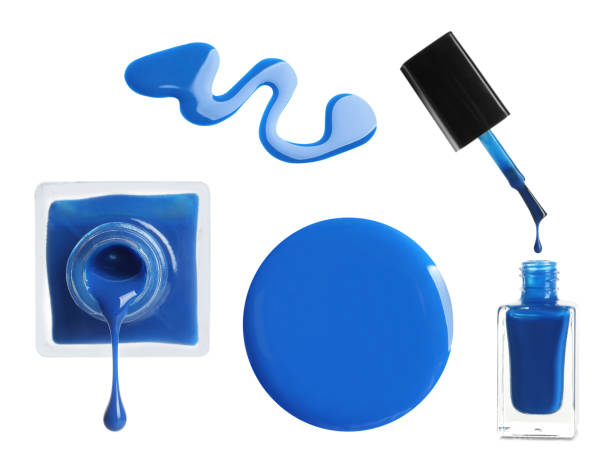 коллаж из синего лака для ногтей на белом фоне - nail polish стоковые фото и изображения