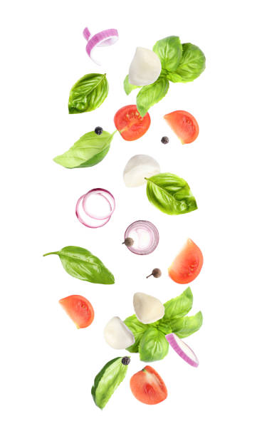 istock Mozzarella cheese, tomatoes, onion and basil leaves falling on white background 1342051727