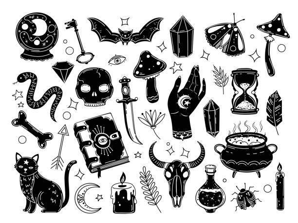 Witchcraft set. Drawn magic crystals, witch ball and black cat. Human skull, esoteric occult symbols. Medieval magical halloween exact vector set Witchcraft set. Drawn magic crystals, witch ball and black cat. Human skull, esoteric occult symbols. Medieval magical halloween exact vector set. Illustration of witchcraft and halloween goth stock illustrations