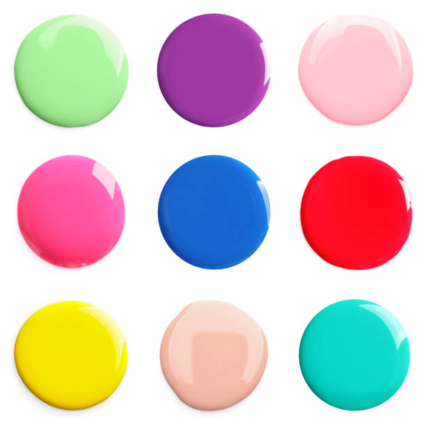 istock Set of different nail polishes samples on white background, top view 1342053233