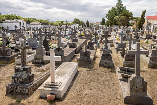 Graves in the central cemetery in Ponta Delgada on the Portuguese Azorean Island San Miguel in the center of the North Atlantic Ocean - no visible names