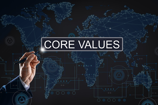 Core values concept. Businessman using virtual screen