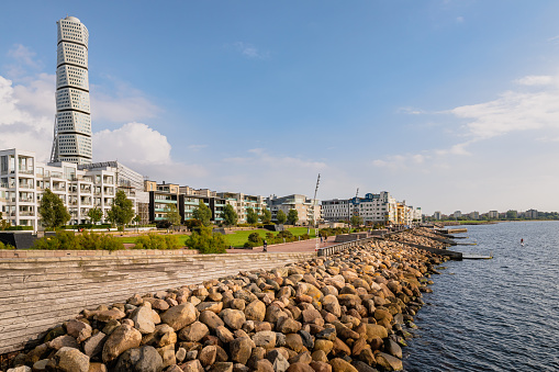 Malmo, Sweden - September 11, 2021: Turning Torso skyscraper is the tallest building in Scandinavia with 190 metres and the most recognizable landmark for Malmo.