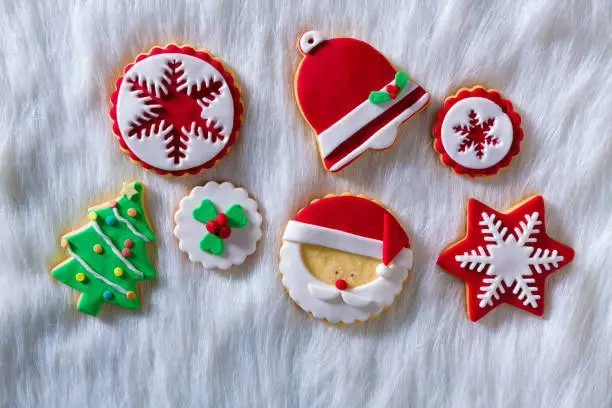 Christmas cookies Xmas tree Santa snowflake on white fur background