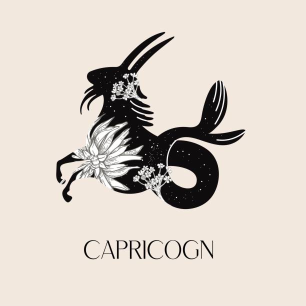 Zodiac sign Capricorn. The symbol of the astrological horoscope. Zodiac sign Capricorn. Black silhouette with white flowers. The symbol of the astrological horoscope. Vector illustration. capricorn stock illustrations