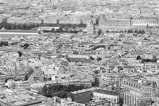 Black and white aerial cityscape  with houses of Parliament , Big Ben and  Westminster Abbey. London,UK