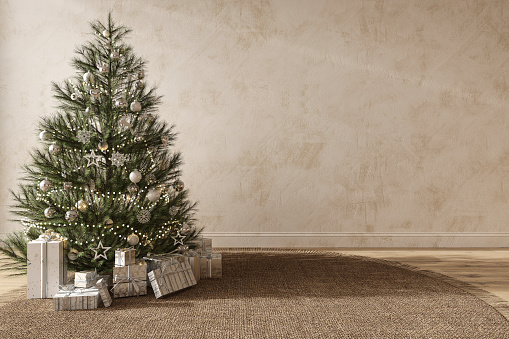 Christmas tree with toys and gifts decorate modern interior scandinavian style. Empty stucco wall mock up. 3d render illustration.