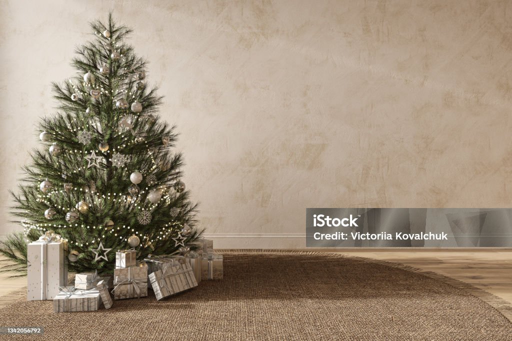 Christmas tree with toys and gifts decorate modern interior scandinavian style. Empty stucco wall mock up. 3d render illustration. Christmas Tree Stock Photo