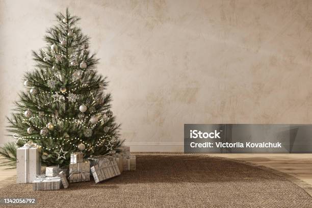 Christmas Tree With Toys And Gifts Decorate Modern Interior Scandinavian Style Empty Stucco Wall Mock Up 3d Render Illustration Stock Photo - Download Image Now